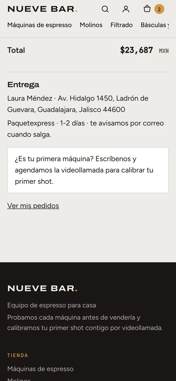 Tienda: datos de entrega y paquetería del pedido